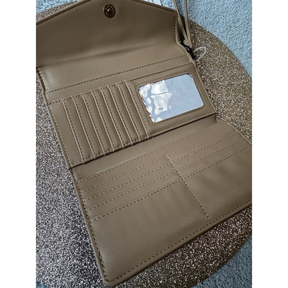 Steve Madden Embossed Logo Handle Wallet 8" x 4" AND Wristlet 9.5" x 7" Sand - Picture 5 of 15